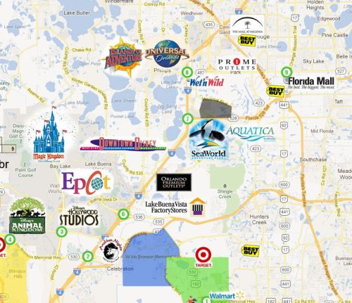 Mapa de Orlando marcado com os parques, outlets e  shoppings...